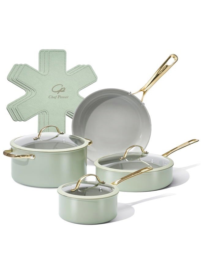 Chef Power Ceramic Cookware Sets, 10Pcs Pots and Pans Set Non Stick, Cookware Set with Stainless Steel Handle, Dishwasher & Oven Safe, Sage Green and Granite Grey - Image 1