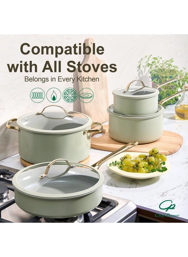 Chef Power Ceramic Cookware Sets, 10Pcs Pots and Pans Set Non Stick, Cookware Set with Stainless Steel Handle, Dishwasher & Oven Safe, Sage Green and Granite Grey - Image 5
