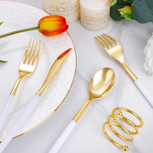 I00000 300 Pcs Gold Plastic Silverware - Gold Disposable Silverware - Premium White Cutlery Set Include 100 Forks 100 Knives 100 Spoons,Plastic Cutlery Party Set for Party & Wedding - Image 4