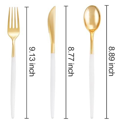 I00000 300 Pcs Gold Plastic Silverware - Gold Disposable Silverware - Premium White Cutlery Set Include 100 Forks 100 Knives 100 Spoons,Plastic Cutlery Party Set for Party & Wedding - Image 2