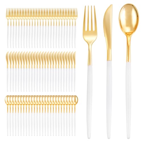 I00000 300 Pcs Gold Plastic Silverware - Gold Disposable Silverware - Premium White Cutlery Set Include 100 Forks 100 Knives 100 Spoons,Plastic Cutlery Party Set for Party & Wedding - Image 1