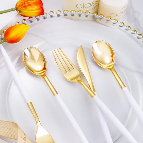 I00000 300 Pcs Gold Plastic Silverware - Gold Disposable Silverware - Premium White Cutlery Set Include 100 Forks 100 Knives 100 Spoons,Plastic Cutlery Party Set for Party & Wedding - Image 3