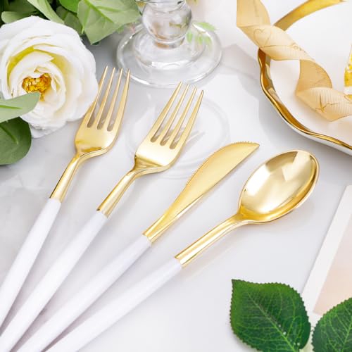 I00000 300 Pcs Gold Plastic Silverware - Gold Disposable Silverware - Premium White Cutlery Set Include 100 Forks 100 Knives 100 Spoons,Plastic Cutlery Party Set for Party & Wedding - Image 5
