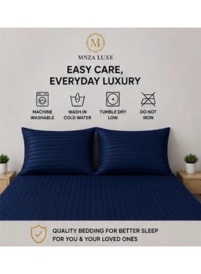 MNZA LUXE طقم شرشف سرير مطاطي من المايكروفايبر بتصميم خطوط 1 سم، يشمل شرشف سرير مطاطي واحد + 2 غطاء وسادة | فائق النعومة، قابل للتنفس ومقاوم للتجاعيد | لون أزرق كحلي - Image 3