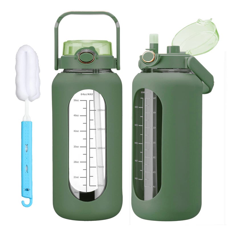 chunmo 64oz Glass Water Bolttles with Straw Half Gallon Large Motivational Water Bottle with Time Marker Sports Water Bottles with Silicone Sleeve and Handle Lid Water Jug for Gym Workout