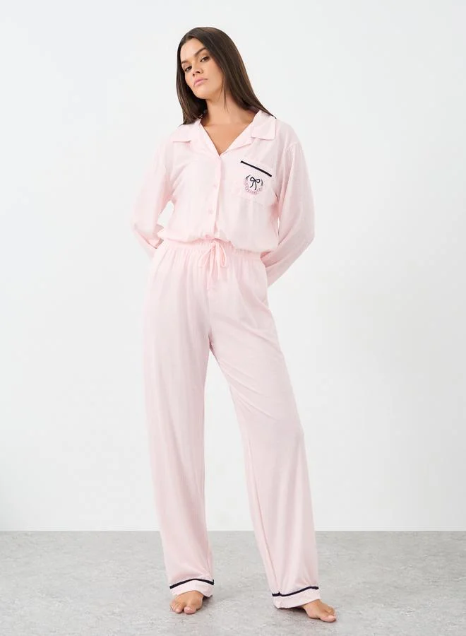 ستايلي Styli Bow Striped Print Pocket Detail Shirt and Pyjama Set
