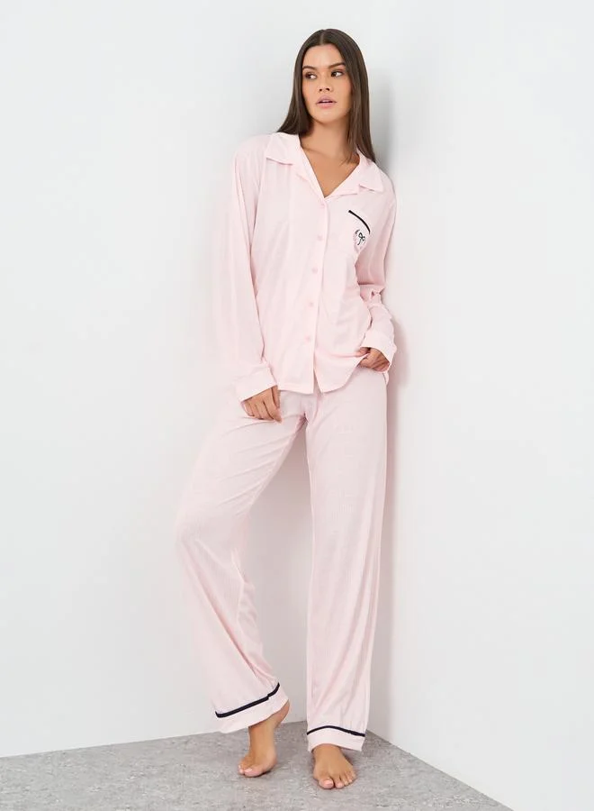 ستايلي Styli Bow Striped Print Pocket Detail Shirt and Pyjama Set