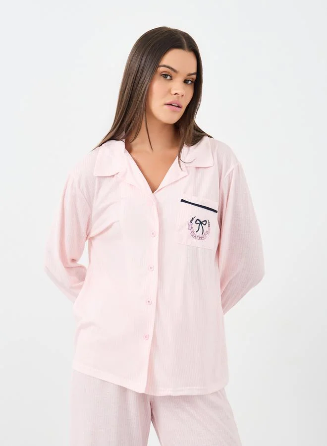 ستايلي Styli Bow Striped Print Pocket Detail Shirt and Pyjama Set