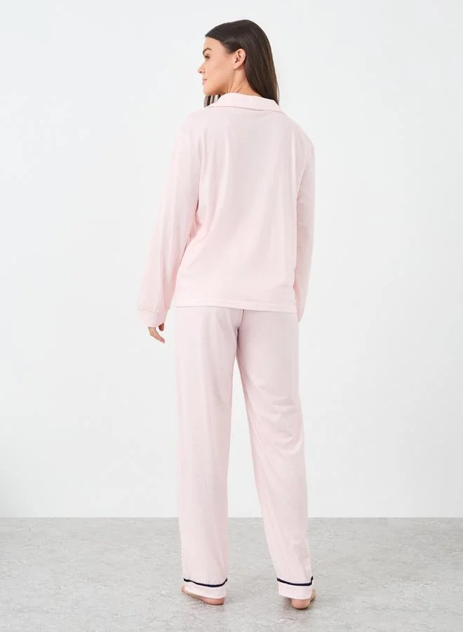 ستايلي Styli Bow Striped Print Pocket Detail Shirt and Pyjama Set