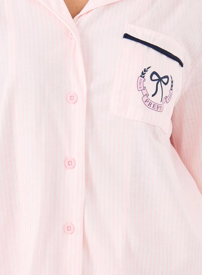 ستايلي Styli Bow Striped Print Pocket Detail Shirt and Pyjama Set