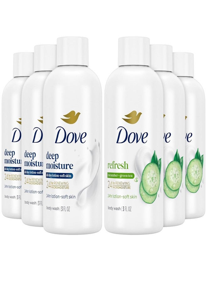 Dove Body Wash Travel Size Variety 6-Pack - Refresh Cucumber & Green Tea + Deep Moisture, 24H Renewing Moisture for Soft Skin, 3 Oz Ea - Image 1
