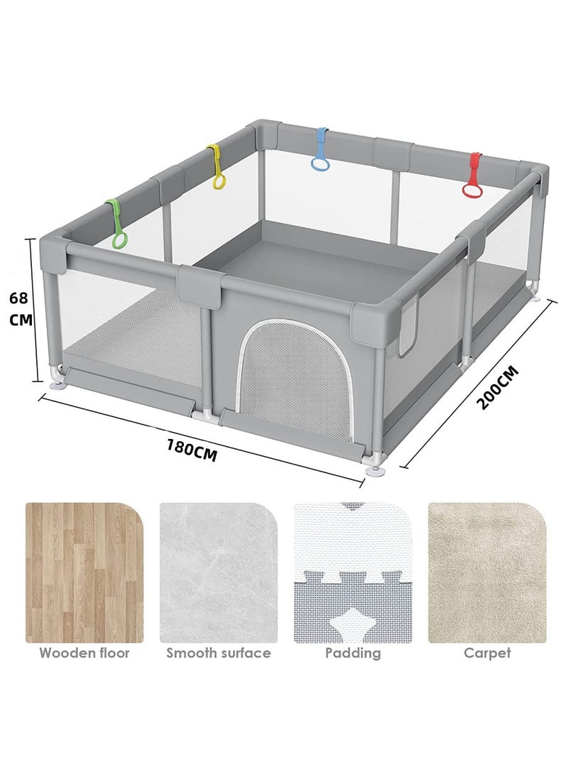 Baby Playpen 200x180 Cm Playpen for Toddlers With Door and Suction Cup Baby Safe Activity Center Large Baby Bumper Foam Playpen With Breathable Mesh Safe for Toddlers