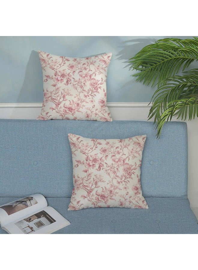 GOLIANDA Pink Pillow Covers 18x18 Set of 2 Pink and Cream Floral Chinoiserie Throw Pillows Vintage Rustic Toile Flower Decorative Pillowcase Outdoor Chinoiserie Decor Linen Cushion Case for Couch Sofa - Image 3