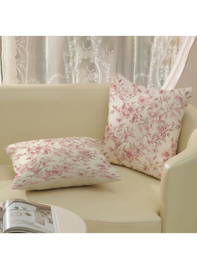 GOLIANDA Pink Pillow Covers 18x18 Set of 2 Pink and Cream Floral Chinoiserie Throw Pillows Vintage Rustic Toile Flower Decorative Pillowcase Outdoor Chinoiserie Decor Linen Cushion Case for Couch Sofa - Image 4