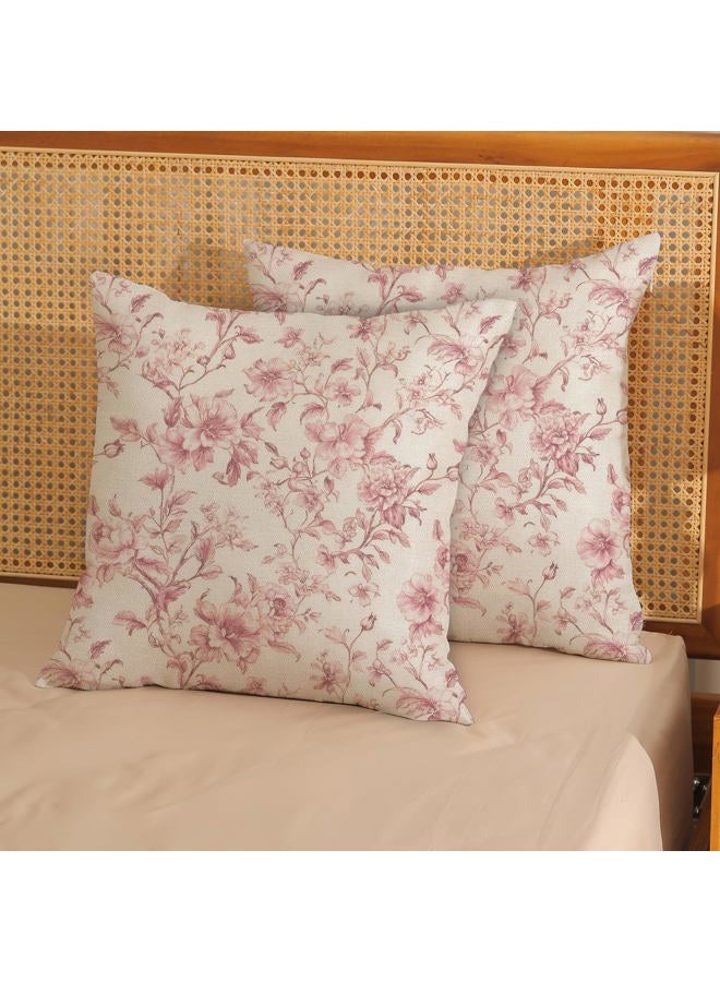 GOLIANDA Pink Pillow Covers 18x18 Set of 2 Pink and Cream Floral Chinoiserie Throw Pillows Vintage Rustic Toile Flower Decorative Pillowcase Outdoor Chinoiserie Decor Linen Cushion Case for Couch Sofa - Image 2