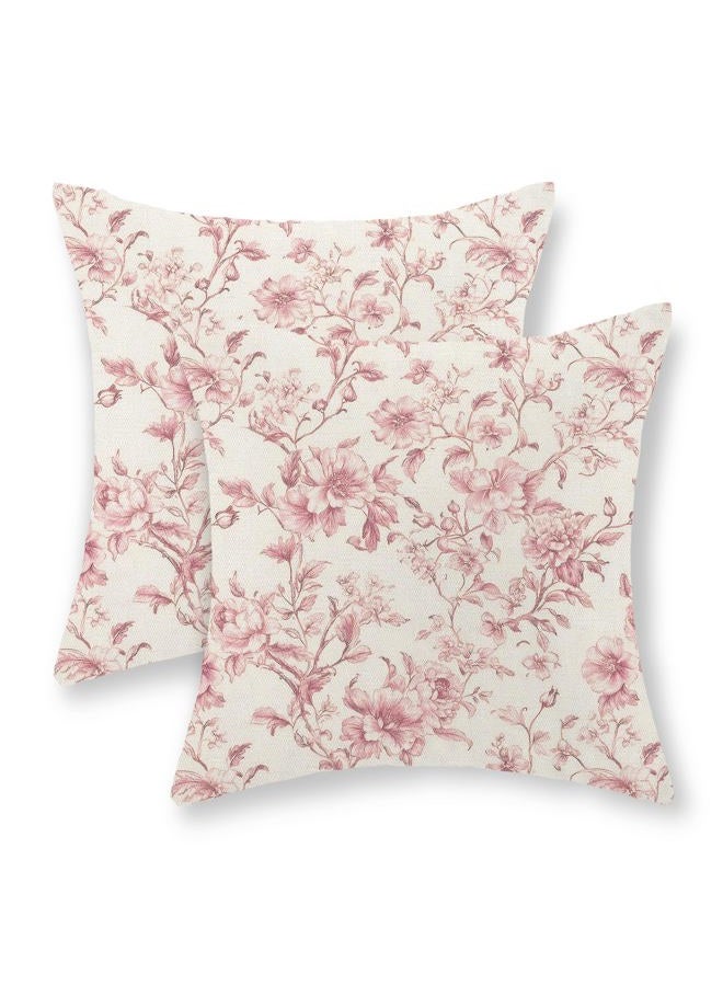 GOLIANDA Pink Pillow Covers 18x18 Set of 2 Pink and Cream Floral Chinoiserie Throw Pillows Vintage Rustic Toile Flower Decorative Pillowcase Outdoor Chinoiserie Decor Linen Cushion Case for Couch Sofa - Image 1