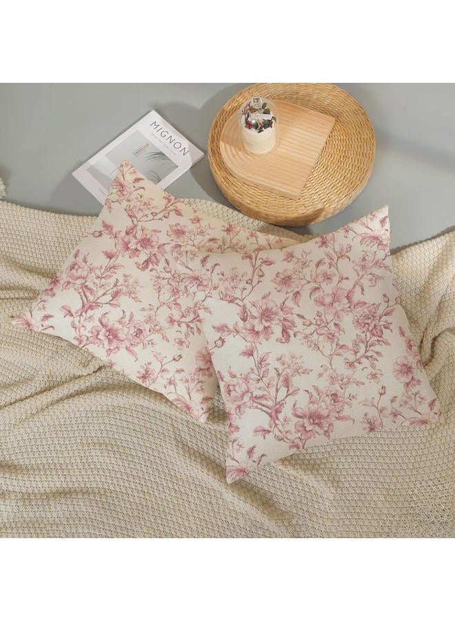 GOLIANDA Pink Pillow Covers 18x18 Set of 2 Pink and Cream Floral Chinoiserie Throw Pillows Vintage Rustic Toile Flower Decorative Pillowcase Outdoor Chinoiserie Decor Linen Cushion Case for Couch Sofa - Image 5