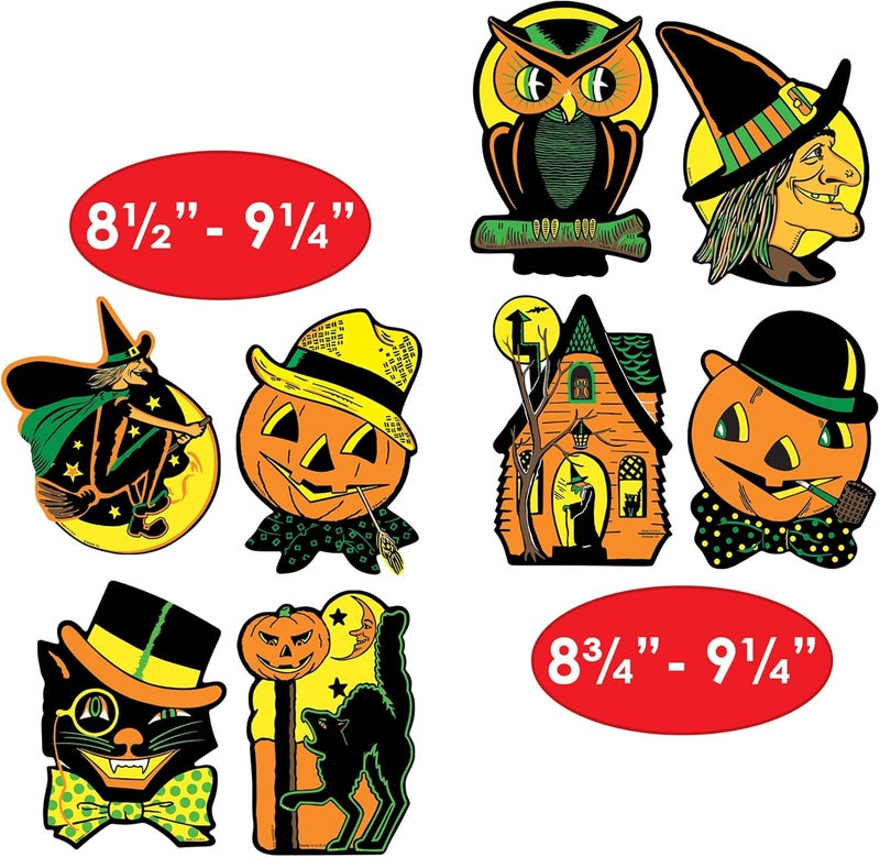 Beistle 4 Piece Retro Vintage Happy Halloween Cut Outs - Cat, Witch, Owl, Jack O Lantern Decorations - Image 3