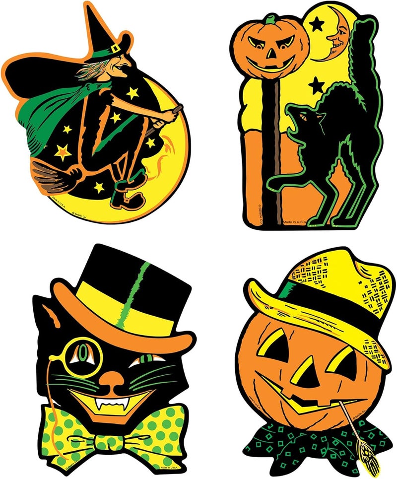 Beistle 4 Piece Retro Vintage Happy Halloween Cut Outs - Cat, Witch, Owl, Jack O Lantern Decorations - Image 2