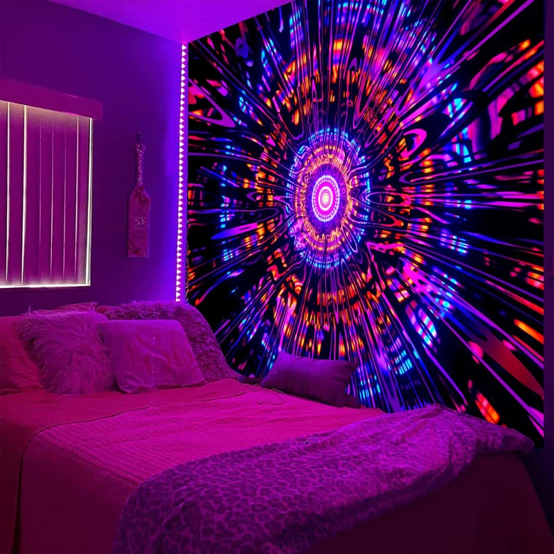 Psyhilar Blacklight Mandala Tapestry for Bedroom, Psychedelic Black Light Posters for Adults and Teens, Colorful UV Reactive Aesthetic Bohemian Art Wall Hanging Decor Red and Purple (60 x 50 Inches) - Image 1