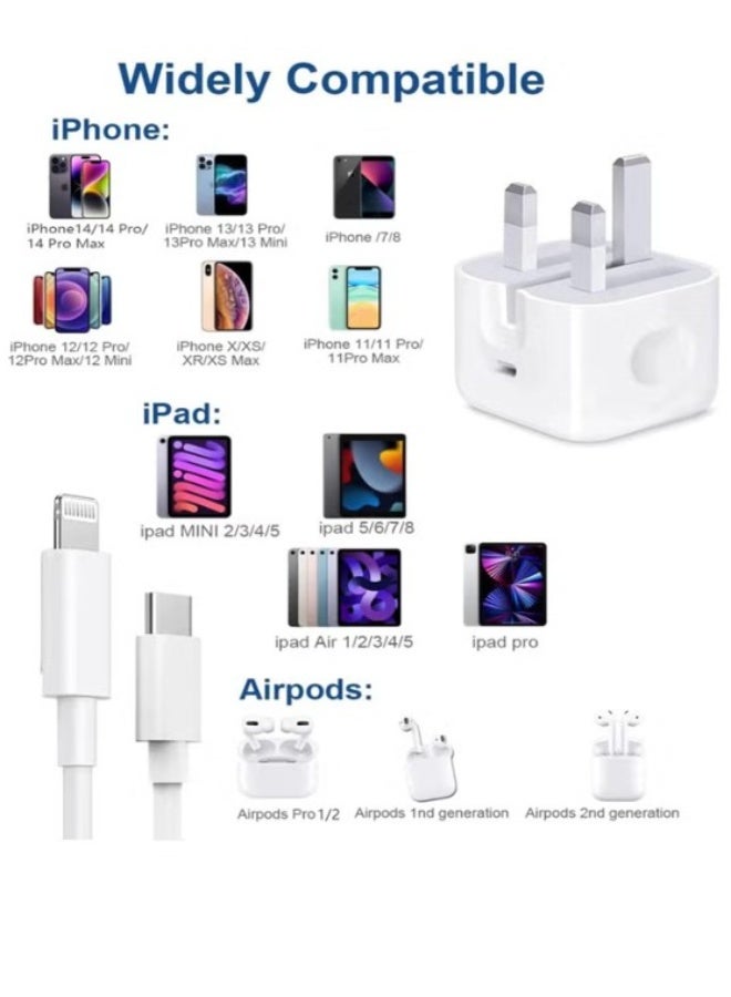 20W PD Fast Charger with Data Cable (1.5m), USB C Wall Charger Block for iPhone 14/13/12/11/XR/XS, iPad, Safe Rapid Charging Adapter Kit - Image 2