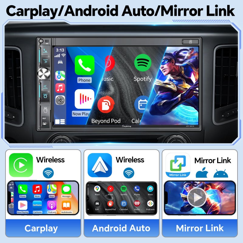 SJoyBring QLED Double Din Car Stereo with Dash Cam & Backup Camera, Wireless Apple CarPlay & Android Auto, Bluetooth, 4.2-Ch 2 Subwoofers Outputs, 7 inch Touchscreen, MirrorLink, FM/AM Radio - Image 2