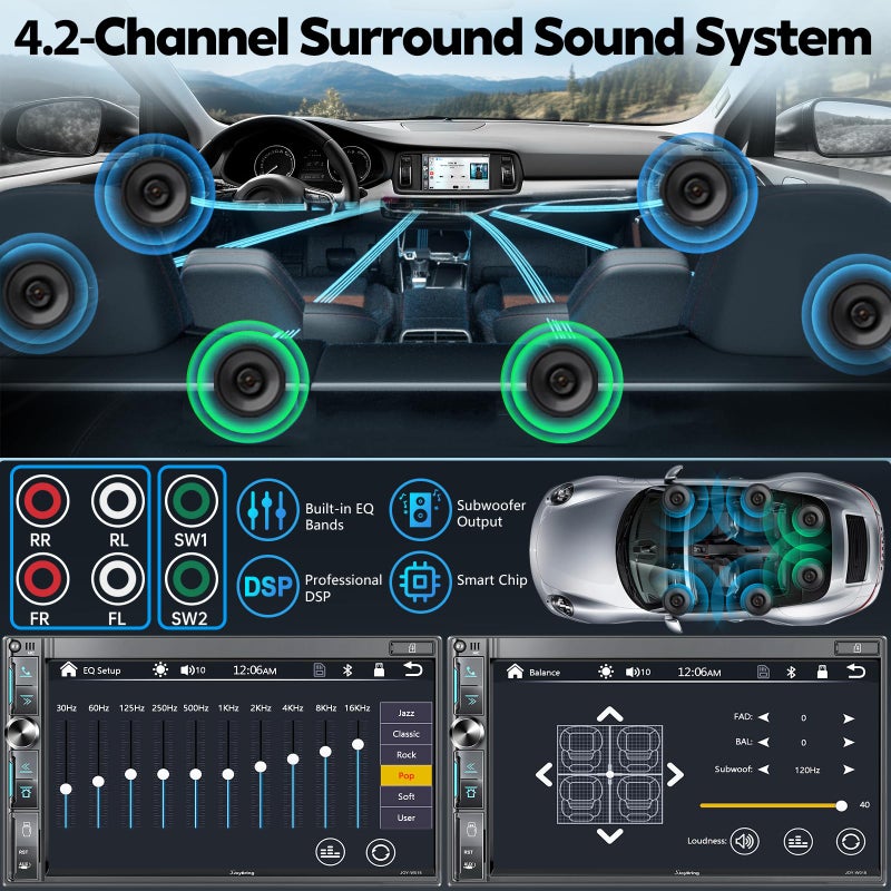 SJoyBring QLED Double Din Car Stereo with Dash Cam & Backup Camera, Wireless Apple CarPlay & Android Auto, Bluetooth, 4.2-Ch 2 Subwoofers Outputs, 7 inch Touchscreen, MirrorLink, FM/AM Radio - Image 3