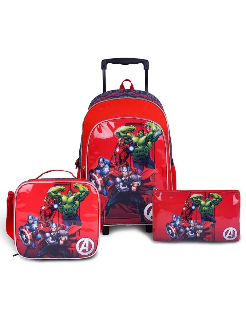 MARVEL Avengers  18 Inch Kids 3-in-1 Trolley School Bag Set - Ergonomic Backpack, Insulated Lunch Bag & Pencil Case,Lightweight, Durable, Students 6+ - Perfect for Travel & School,For Boys