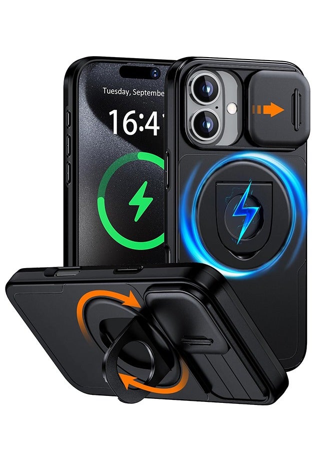360° Rotatable Magnetic Ring for iPhone 16 Case with Camera Cover, Compatible with MagSafe, Build in Invisible Ring Stand, Drop Protection, Shockproof Black Cover for iPhone 16  - Image 1