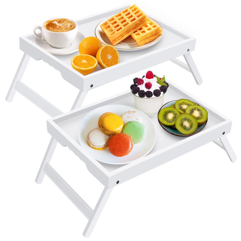 Artmeer Bed Tray Table with Folding LegsBamboo Breakfast in Bed for TV Table Laptop Computer TrayEatingSnack Tray White 2 PackWhite