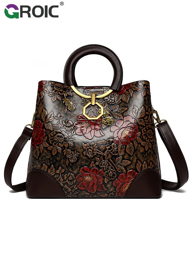 GROIC Floral Handbags Purses for Women with Detachable Bag Straps,Embossed Leather Top Handle Handbag Set Large Shoulder Bag Ladies Bucket Hobo Tote,Tote with Zipper Closure Elegant Handbag - Image 1