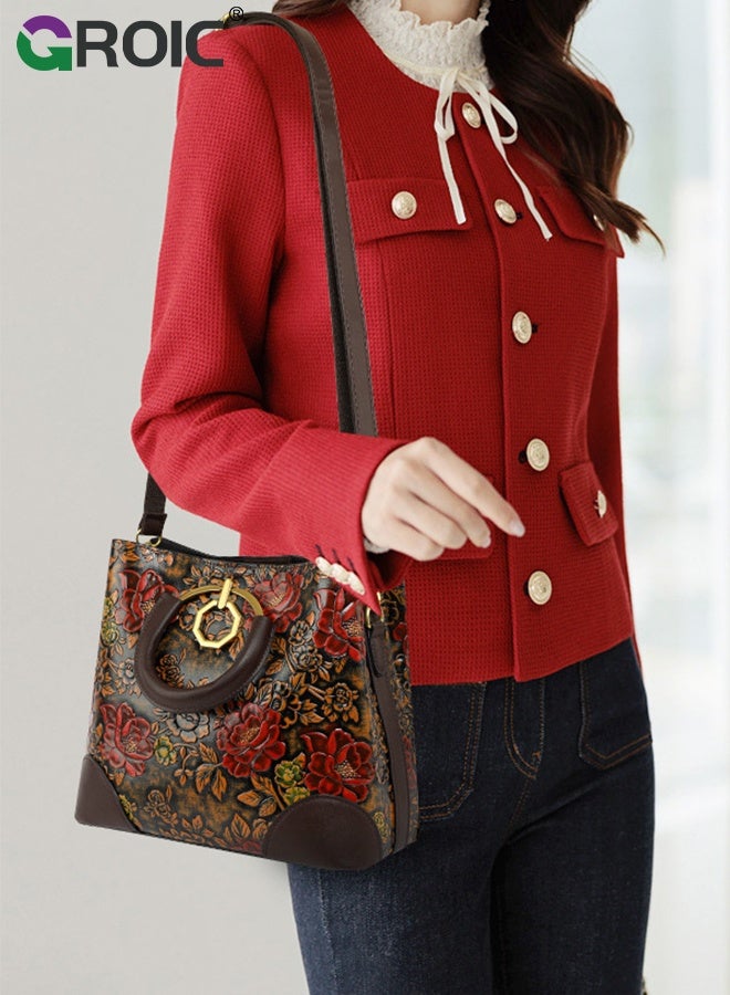 GROIC Floral Handbags Purses for Women with Detachable Bag Straps,Embossed Leather Top Handle Handbag Set Large Shoulder Bag Ladies Bucket Hobo Tote,Tote with Zipper Closure Elegant Handbag - Image 2