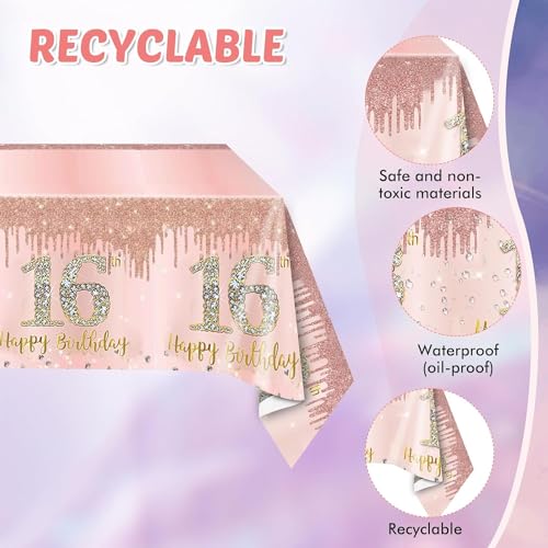 SNIMICS 16th Birthday Decorations for Girls Rose Gold Sweet 16 Birthday Party Decoration for Her 16th Happy Birthday Plates and Napkins Tablecloth Decoration for Girls - Image 3