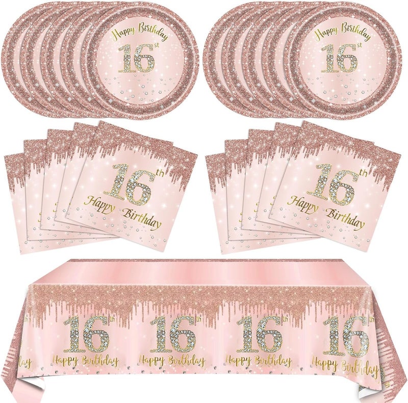 SNIMICS 16th Birthday Decorations for Girls Rose Gold Sweet 16 Birthday Party Decoration for Her 16th Happy Birthday Plates and Napkins Tablecloth Decoration for Girls - Image 1