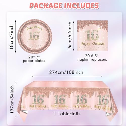 SNIMICS 16th Birthday Decorations for Girls Rose Gold Sweet 16 Birthday Party Decoration for Her 16th Happy Birthday Plates and Napkins Tablecloth Decoration for Girls - Image 2