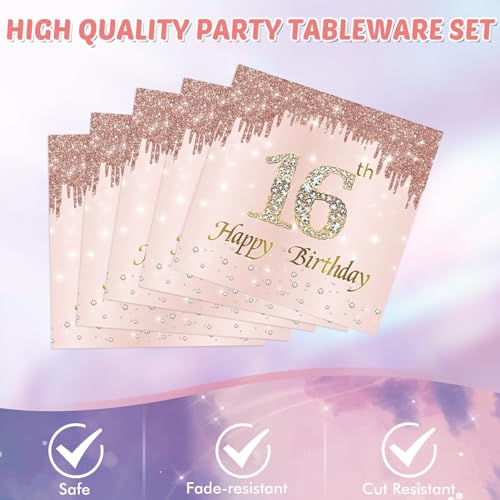 SNIMICS 16th Birthday Decorations for Girls Rose Gold Sweet 16 Birthday Party Decoration for Her 16th Happy Birthday Plates and Napkins Tablecloth Decoration for Girls - Image 4