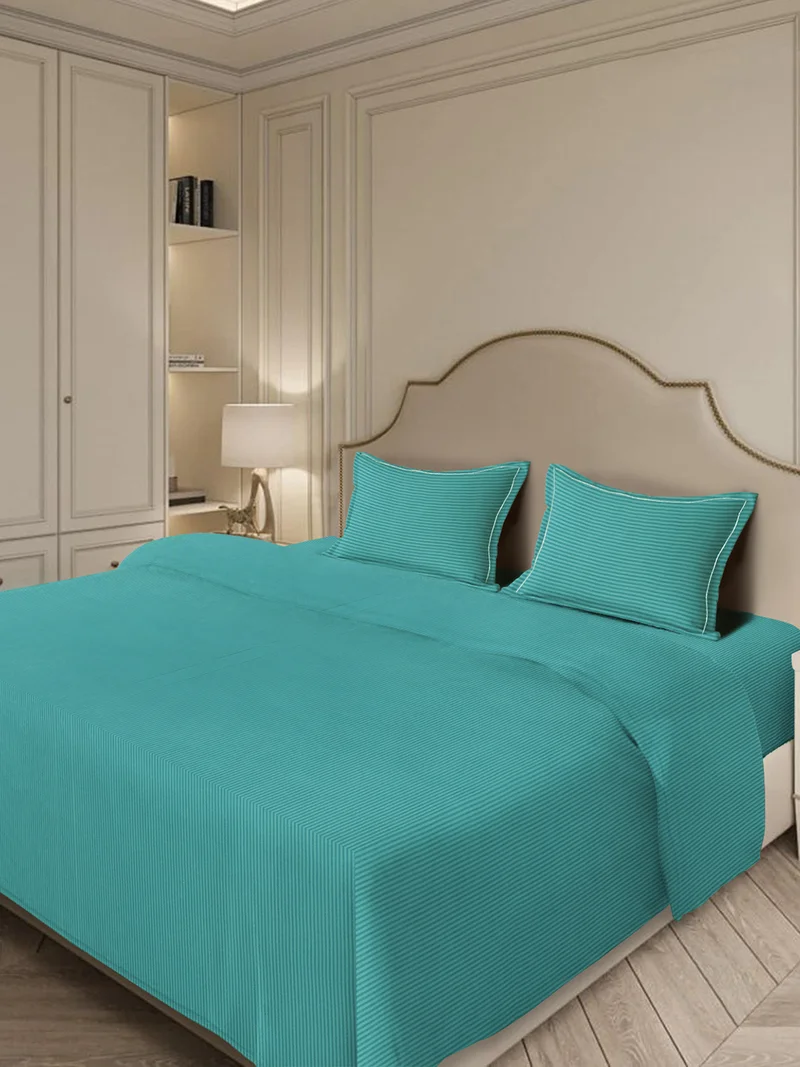 مالبيري ليفينج 100% Cotton_4 pc set -Linear Luxe- 1 fitted bedsheet 180x200x30cms / 1 duvet cover 260x240 cms / 2 pillowcovers 50x75 cms - Smoke Blue