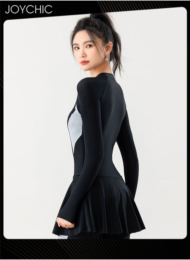 Joychic Women One Piece Patchwork Zipper Swimwear Summer Long Sleeve Quick-dying Breathable Sun Protection Diving Suit Surf Wear for Outdoor Sports Beach Black  - Image 4