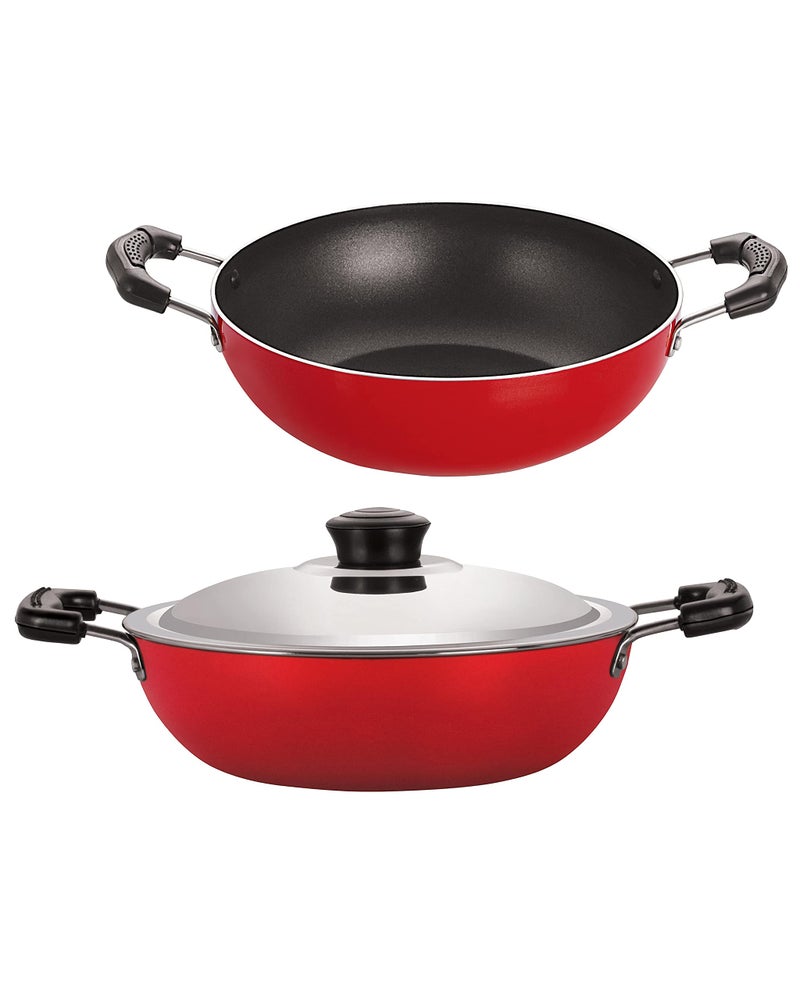Nirlon Non-Stick Aluminium Kadhai Set, 2-Pieces, Red/Black (2.6mm_DKDB_KD14)