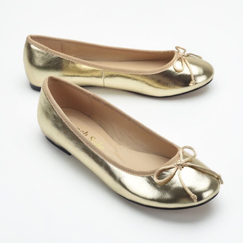 Women's Gold Genuine Leather Ballet Flats with Bow - Image 2