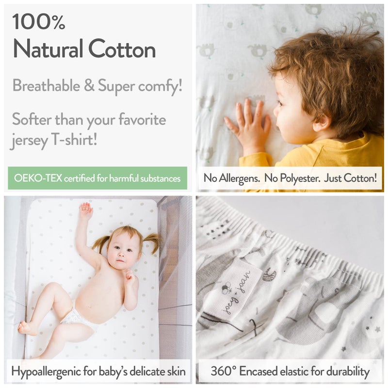 Joey + Joan Travel Crib Fitted Sheets Compatible With Guava Lotus, Baby Bjorn, Dream on Me Travel Crib Light Playard - Fits Perfectly on 24 x 42” Mattress Without Bunching Up - Snuggly Soft Jersey Cotton - 2 Pack - Image 3