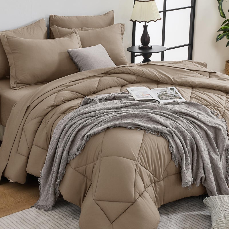 HEVUMYI Khaki Queen Comforter Set  7Piece All Season Bed in a Bag Queen Ultra Soft Bedding Set with Comforter Flat Sheet Fitted Sheet Pillowcases Pillow Shams