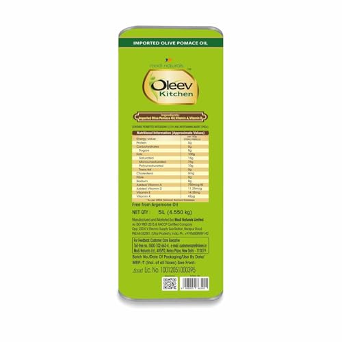 Oleev Kitchen Olive Pomace Oil ||Rich In Mufa & Vitamins A, D, E,K || 100% Olive Oil || Frying, SauteIng, Grilling & More || Everyday Indian Cooking Olive Oil - 5L Tin.. - Image 2