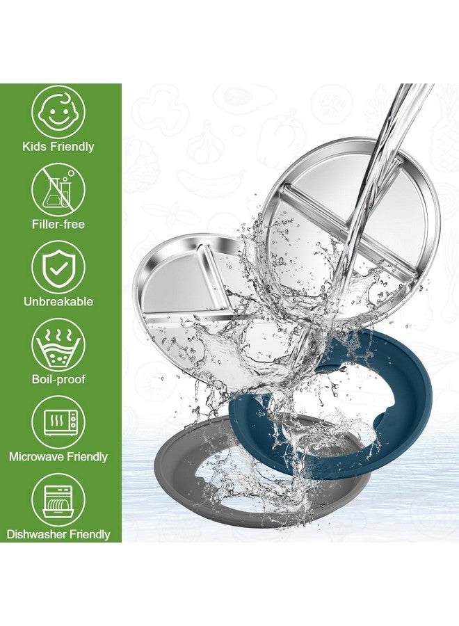 بوسوها طبق أطفال من الفولاذ المقاوم للصدأ من BUSOHA مع شفط - طبق مقسم للأطفال الصغار مقاس 9 بوصات بأكمام من السيليكون، وعاءان معدنيان 2 في 1 مضادان للكسر للأطفال الصغار، آمن للاستخدام في الميكروويف وغسالة الأطباق - Image 2