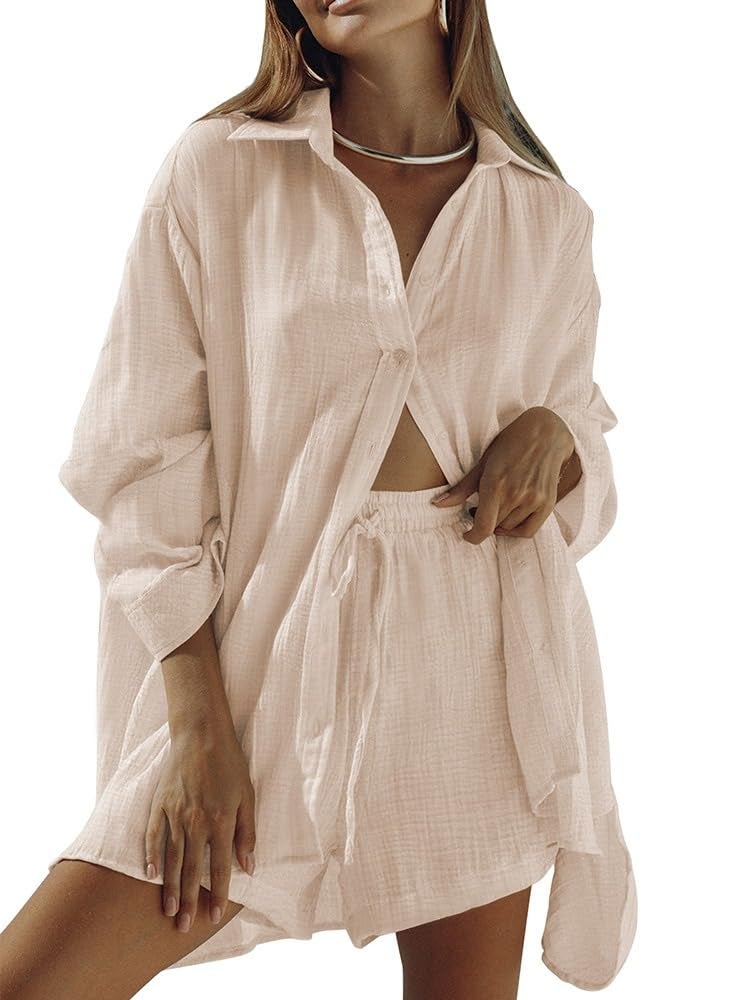 Fixmatti Women 2 Piece Casual Tracksuit Outfit Sets Long Sleeve Shirt And Loose High Waisted Mini Shorts Set Apricot S - Image 1