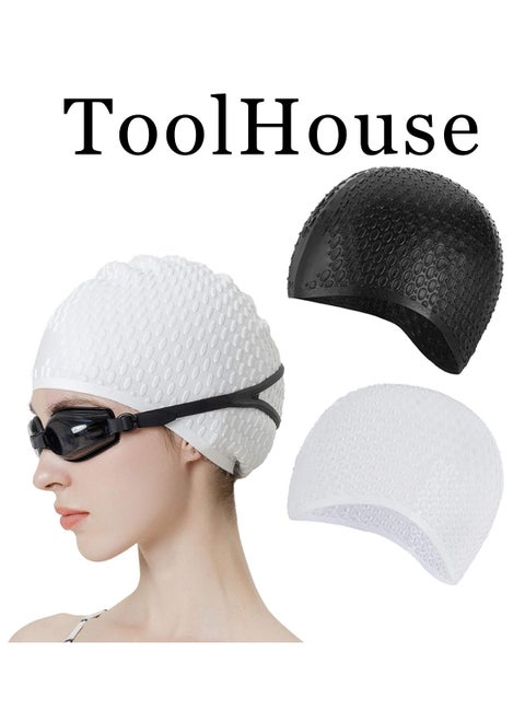 2 Pack Silicone Swimming Caps Waterproof Non-Slip Bubble Textured Durable Stretch Swim Hat for Long Hair And Short for Swimming Pool Arena Swimming for Men And Women