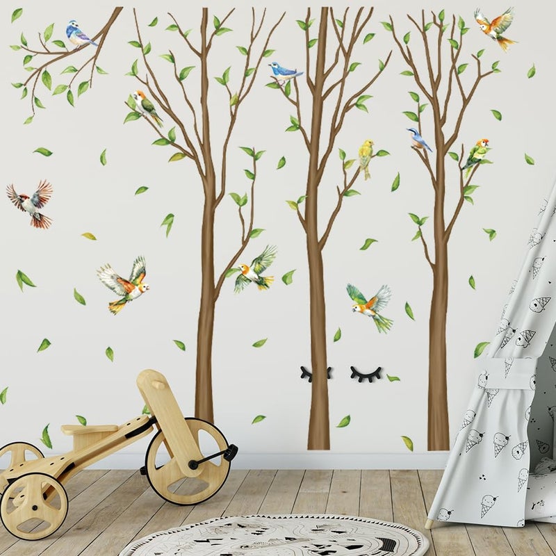 Aurbhosa Family Tree Wall Sticker Green Leaf Birds Wall Art Decor Large Tree Branch Wall Decal Peel and Stick Woodland Animals Wall Sticker for Bedroom - Image 4