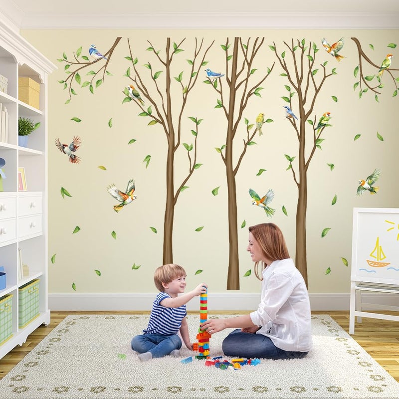 Aurbhosa Family Tree Wall Sticker Green Leaf Birds Wall Art Decor Large Tree Branch Wall Decal Peel and Stick Woodland Animals Wall Sticker for Bedroom - Image 3