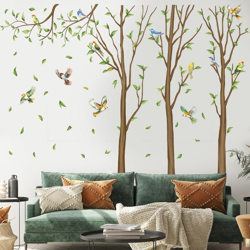 Aurbhosa Family Tree Wall Sticker Green Leaf Birds Wall Art Decor Large Tree Branch Wall Decal Peel and Stick Woodland Animals Wall Sticker for Bedroom - Image 1