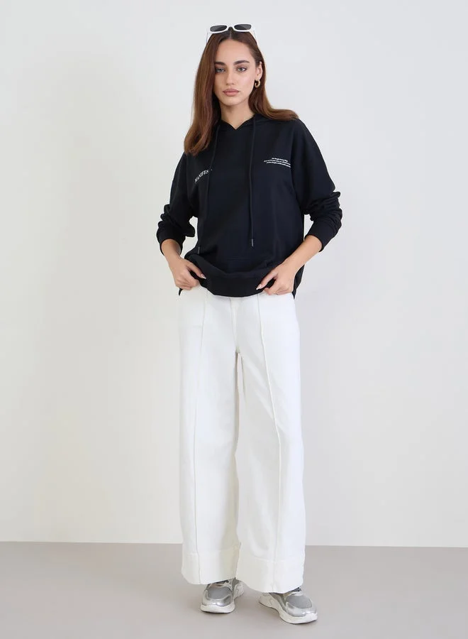 Styli Black Oversized Longline Slogan Hoodie